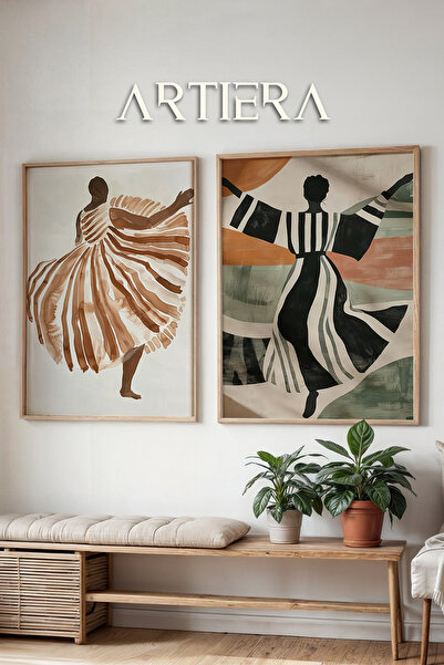 HİGUERA Κομψή επιτοίχια ζωγραφική με ξύλινο πλαίσιο με αίσθηση χορού σε γήινε...