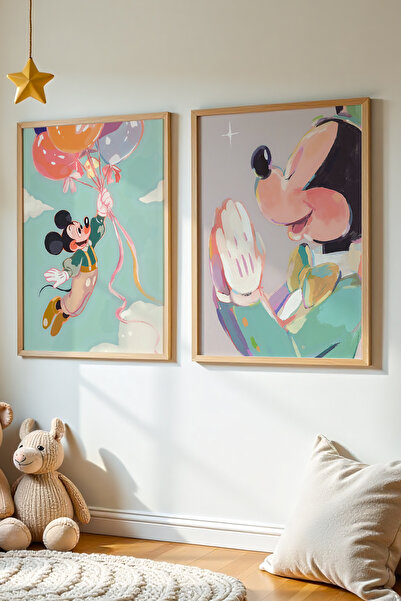 HİGUERA 2'Li Mickey Mouse - Minnie Mouse Yağlı Boya Hissi Çocuk Odası Ve Bebek Odası Ahşap Duvar Tablosu