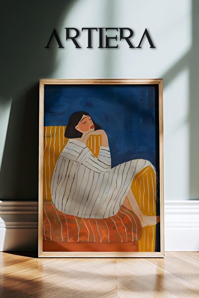 HİGUERA Αφηρημένο γυναικείο πορτρέτο που κάθεται στο σαλόνι σε μπλε αποχρώσει...