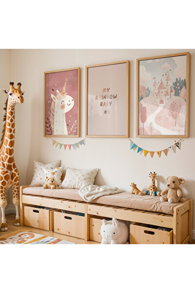 HİGUERA 3'lü Doğa Manzarası Ve Unicorn Doğal Ahşap Çerçeveli Çocuk Odası ve B...