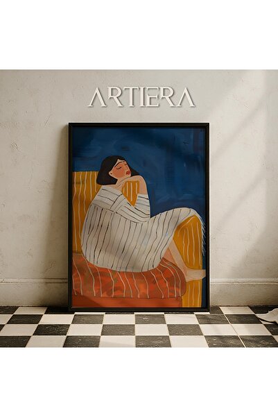 HİGUERA Αφηρημένο γυναικείο πορτρέτο που κάθεται στο σαλόνι σε μπλε αποχρώσει...