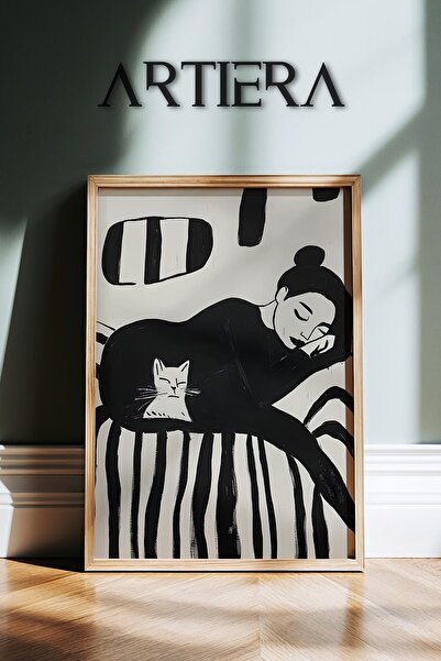 HİGUERA Μαύρο Λευκό Αφηρημένο Πορτρέτο Γυναίκας και Γάτας Σύγχρονη Μινιμαλιστ...