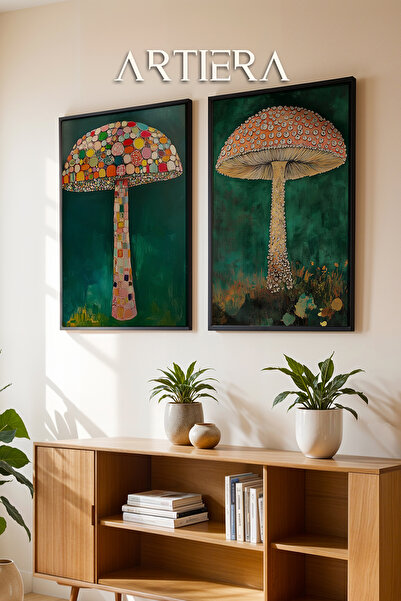 HİGUERA Renkli ve Gerçekçi Mantarlar Yağlı Boya Hissi İkili Ahşap Çerçeveli D...