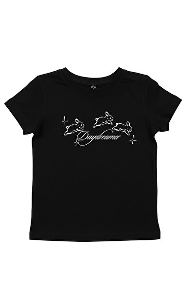 WHITE OF CREATIVE Kadın Daydreamer Tavşan Baskılı Baby Tee Crop Top