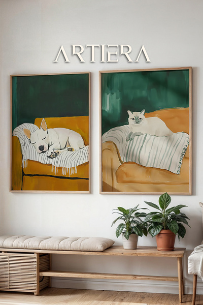 HİGUERA Pictură în ulei de câine și pisică adormită Feel Dual Wood Framed Wal...
