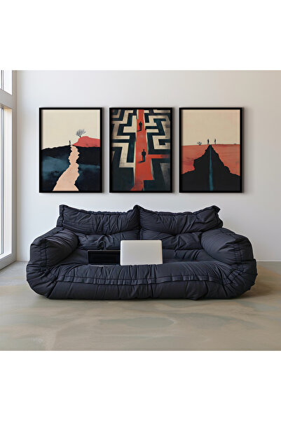 HİGUERA Γεωμετρικό Κόκκινο Αφηρημένο Τριπλό Φυσικό Ξύλινο Πλαίσιο Τοίχου