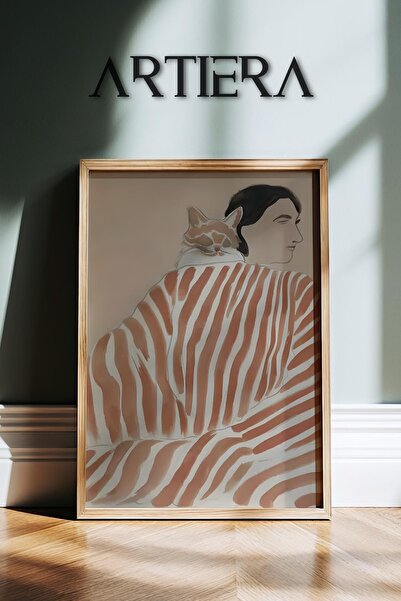 HİGUERA Πορτρέτο γάτας με αφηρημένη γυναίκα με ρίγες από τερακότα Σύγχρονη μι...