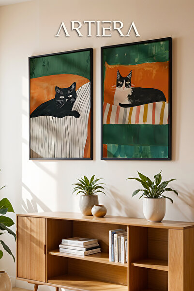 HİGUERA Πράσινο πορτοκαλί πολύχρωμο ελαιογραφία γάτας Feel Διπλό ξύλινο πλαίσ...