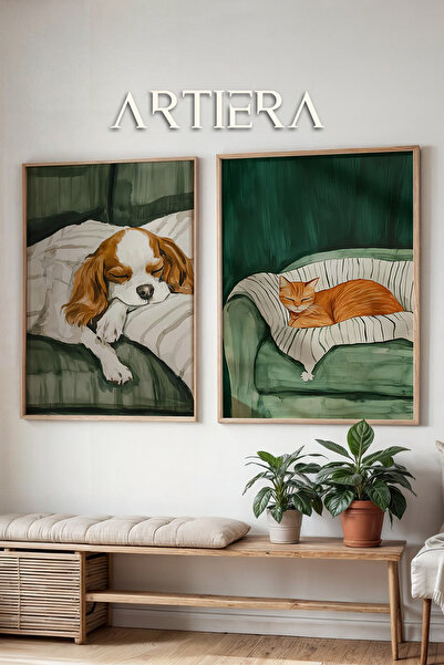 HİGUERA Ζωγραφική τοίχου με διπλό ξύλινο πλαίσιο με λάδι ύπνου σκύλου και γάτας