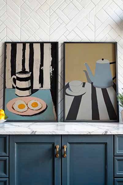 HİGUERA Μαύρο και άσπρο ριγέ στυλισμένο πρωινό KTB Ζωγραφική τοίχου κουζίνας ...