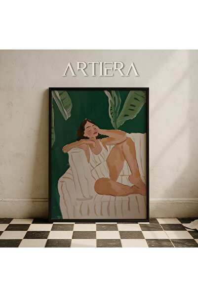 HİGUERA Κομψό αφηρημένο γυναικείο πορτρέτο με πράσινα φύλλα Μοντέρνο ξύλινο π...