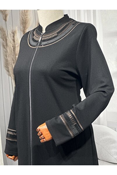 HESNA Women's Battal Seasonal Embroidered Black Top Coat