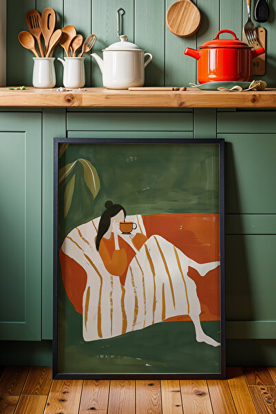 HİGUERA Καφέ Απόλαυση σε Πορτοκαλί Καναπέ Γυναικεία Φιγούρα KTB Πίνακας Τοίχο...