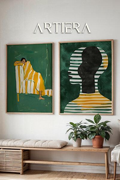 HİGUERA Κίτρινο λευκό ριγέ καθιστό σχήμα και αφηρημένη σιλουέτα διπλό φυσικό ...