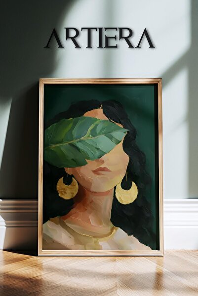 HİGUERA Αφηρημένο γυναικείο πορτρέτο με πράσινο φύλλο με χρυσά σκουλαρίκια Πί...