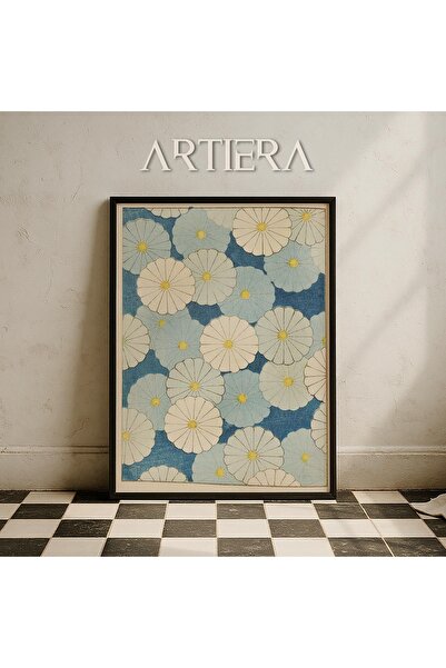 HİGUERA Μπλε και άσπρο μοτίβο λουλουδιών Vintage Japandi Art Πίνακας τοίχου μ...