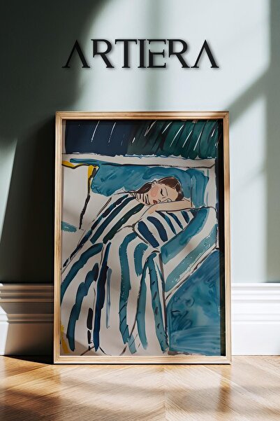 HİGUERA Μπλε ριγέ μινιμαλιστικό αφηρημένο γυναικείο πορτρέτο ζωγραφική τοίχου...