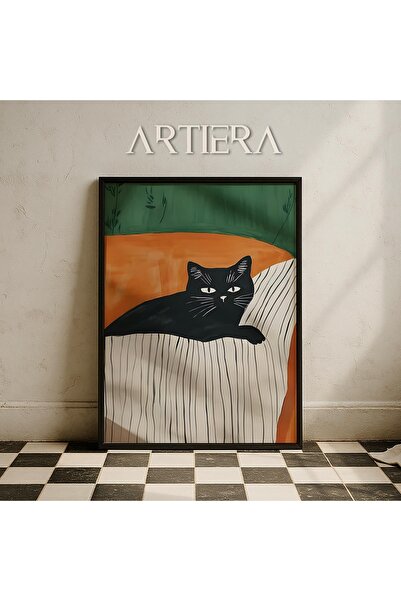 HİGUERA Μαύρη γάτα σε πορτοκαλί καναπέ Μινιμαλιστική αφηρημένη ζωγραφική τοίχ...