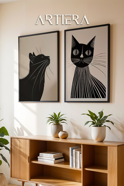 HİGUERA Μινιμαλιστική ελαιογραφία Black Cats Feel Διπλό Ξύλινο Πλαίσιο Ζωγραφ...