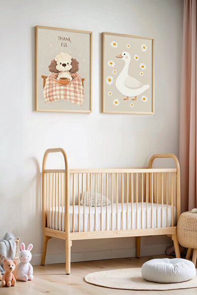 HİGUERA Şirin Köpek Ve Kaz- Doğal Ahşap Çerçeveli Çocuk Odası ve Bebek Odası Tablosu