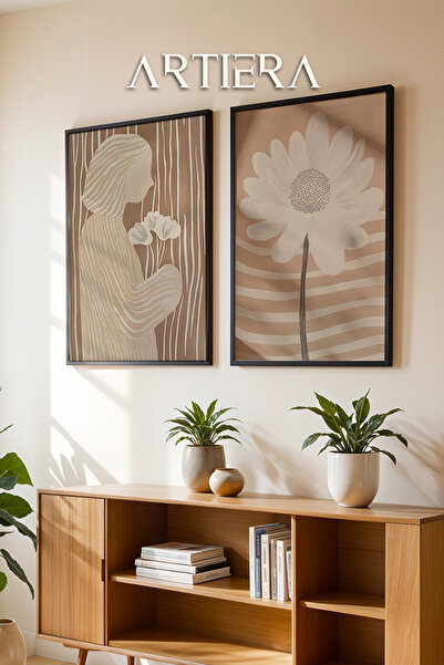 HİGUERA Ελάχιστη παστέλ μπεζ Floral Oil Painting Feel Διπλό Ξύλινο Πλαίσιο Ζω...