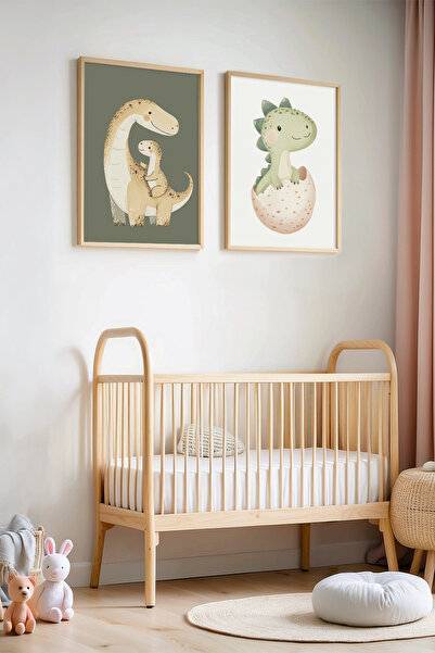 HİGUERA Πίνακας 2 τεμαχίων Mother and Child Dinosaur με φυσικό ξύλινο πλαίσιο...