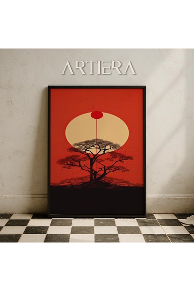 HİGUERA Moon Cherry Blossom Vintage Japandi Art Ζωγραφική τοίχου με φυσικό ξύ...