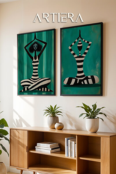 HİGUERA Poodle ile Yoga Hali Yağlı Boya Hissi İkili Ahşap Çerçeveli Duvar Tab...