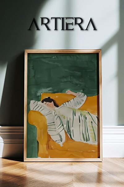 HİGUERA Αφηρημένο γυναικείο πορτρέτο που αναπαυόμαστε σε πορτοκαλί καναπέ στο...