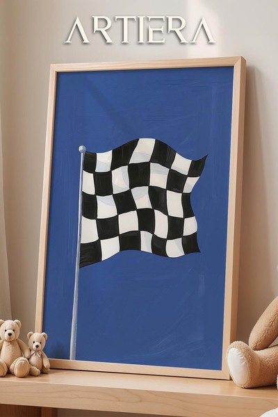 HİGUERA Yarış Bayrağı Mavi Fonlu Araba Temalı Erkek Çocuk Odası Dekorasyonu A...