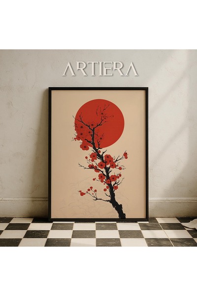 HİGUERA Μινιμαλιστικό Moon Cherry Blossom Vintage Japandi Art Ζωγραφική τοίχο...
