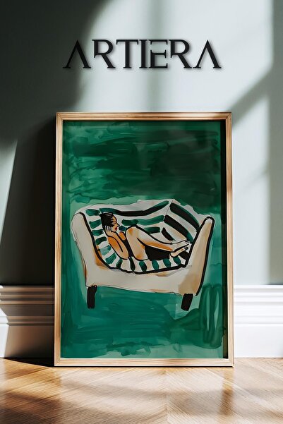 HİGUERA Μινιμαλιστικός καναπές με ρίγες σε σμαραγδένιο πράσινο φόντο Αφηρημέν...