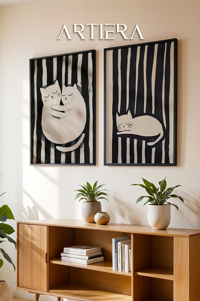HİGUERA Black White Cat Harmony Pastel Fundal Pictură în ulei Feel Dual Lemn ...