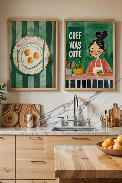 HİGUERA Yeşil Fonlu Yumurta ve Şef İllüstrasyonu KTB Doğal Ahşap Çerçeveli Mutfak Duvar Tablosu
