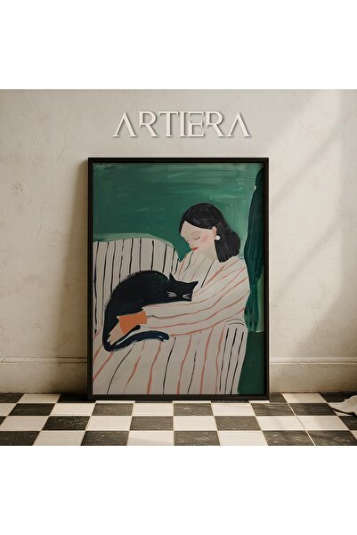 HİGUERA Αφηρημένο γυναικείο πορτρέτο που ξεκουράζεται με γάτα Μινιμαλιστικό ρ...
