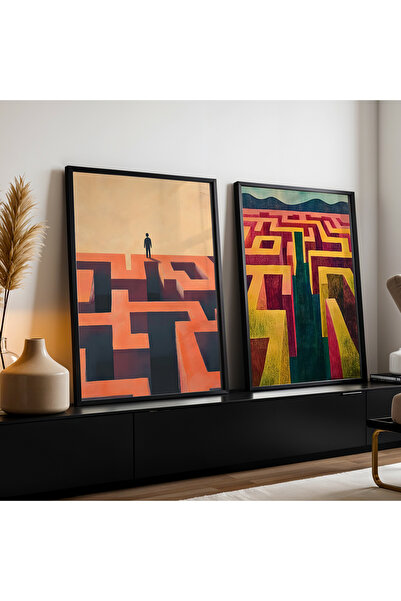 HİGUERA Γεωμετρική έκφραση Τέχνη Κόκκινο Αφηρημένο Διπλό Φυσικό Ξύλινο Πλαίσι...