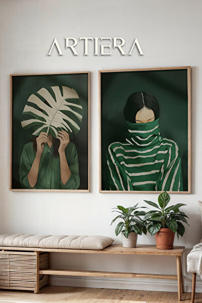 HİGUERA Σμαραγδένια Πράσινη Τροπική Ριγέ Ελαιογραφία Αίσθηση Διπλό Ξύλινο Πλα...