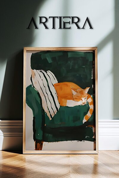 HİGUERA Σμαραγδένιο πράσινο σαλόνι με πορτοκαλί γάτα αφηρημένο ζωικό ζωγραφικ...