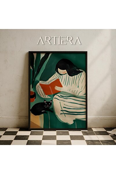 HİGUERA Αφηρημένο γυναικείο πορτρέτο που διαβάζει βιβλίο με γάτα στο σαλόνι Ζ...