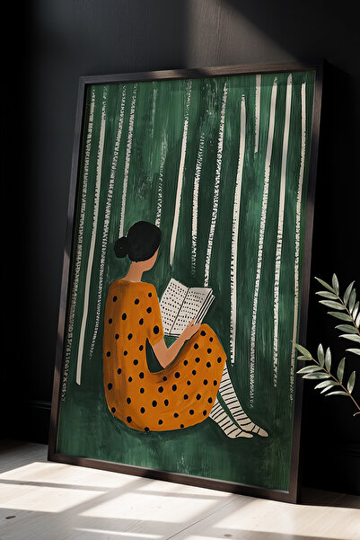 HİGUERA Γυναίκα που διαβάζει ένα βιβλίο με μοντέρνα τέχνη με φυσικό ξύλινο πλ...