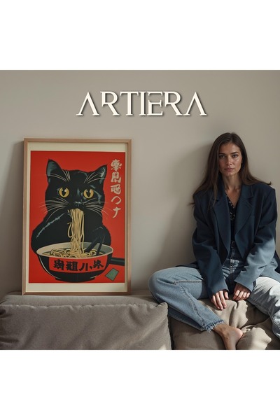 HİGUERA Siyah Kedi Keyifle Ramen Yerken Modern Japandi Sanatı Mutfak Ahşap Çerçeveli Duvar Tablosu