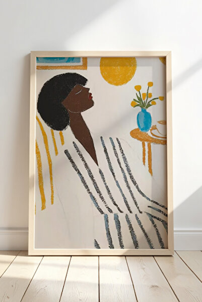 HİGUERA Επιτραπέζιο ζωγραφική με φυσικό ξύλινο πλαίσιο με μινιμαλιστική γυναι...