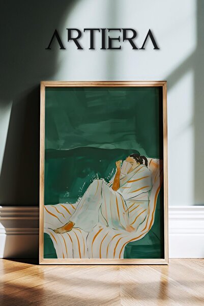 HİGUERA Αφηρημένο γυναικείο πορτρέτο σε πράσινο σαλόνι με πορτοκαλί ρίγες ζωγ...