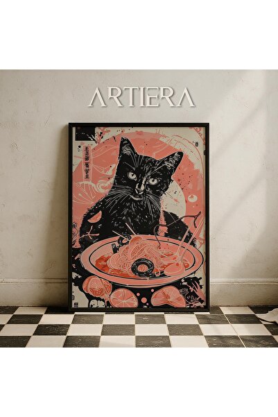 HİGUERA Κίτρινη γάτα που τρώει Ramen Εικονογράφηση Japandi Art Πίνακας τοίχου...