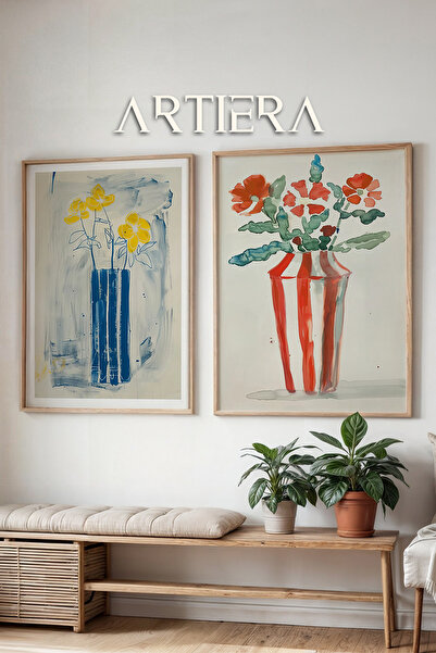 HİGUERA Λουλούδια σε κόκκινες γραμμές Ελαιογραφία Αίσθηση Διπλό Ξύλινο Πλαίσι...