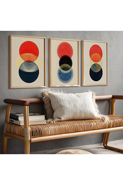 HİGUERA Γεωμετρικό Κόκκινο Αφηρημένο Τριπλό Φυσικό Ξύλινο Πλαίσιο Τοίχου