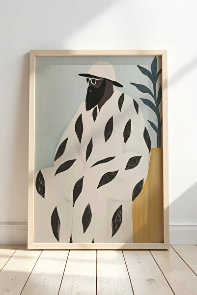 HİGUERA Κομψό Πορτραίτο Σχέδιο Μαύρο Λευκό Κάθετες Ρίγες Πίνακας με Φυσικό Ξύ...