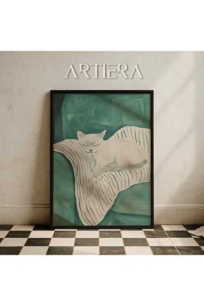 HİGUERA Αφηρημένη ζωγραφική τοίχου με ξύλινο πλαίσιο με λευκή γάτα
