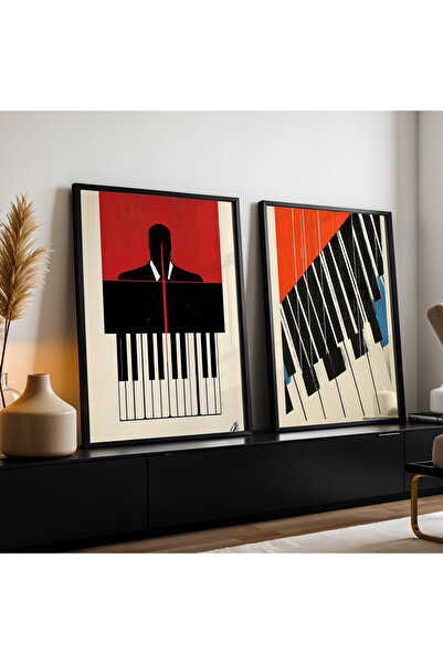 HİGUERA Abstract Sanatı Piyano Çizimi İkili Doğal Ahşap Çerçeveli Duvar Tablo...