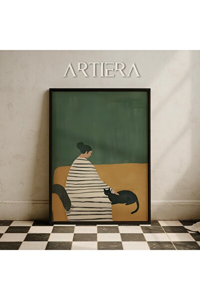 HİGUERA Αφηρημένο πορτρέτο γυναίκας και γάτας Μινιμαλιστικό μοντέρνο ξύλινο π...